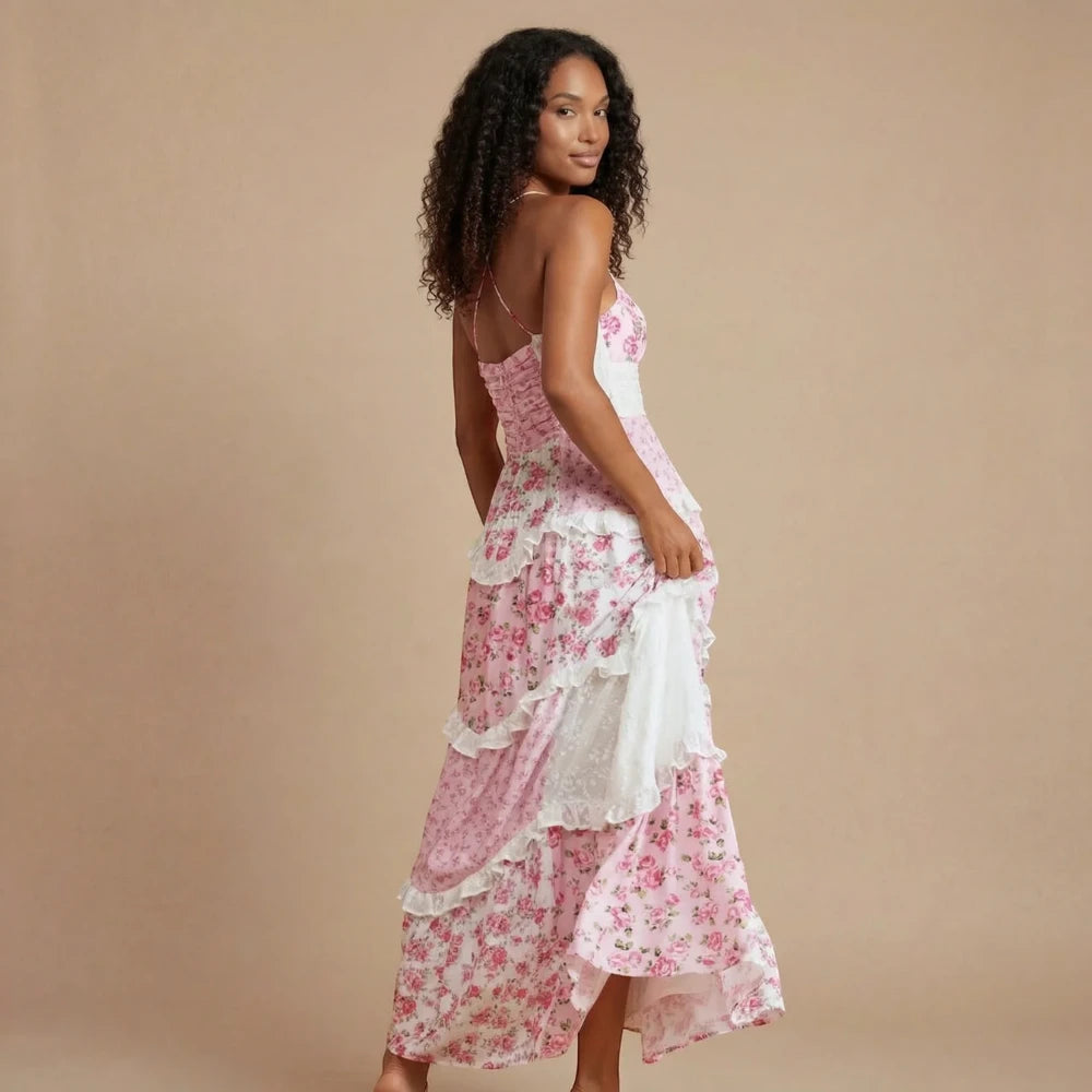 Women's Floral Casual Maxi Summer Dress with Ruffle and V-Neck