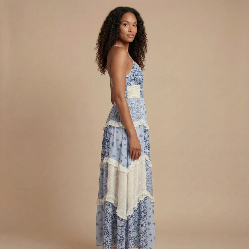 Women's Floral Casual Maxi Summer Dress with Ruffle and V-Neck