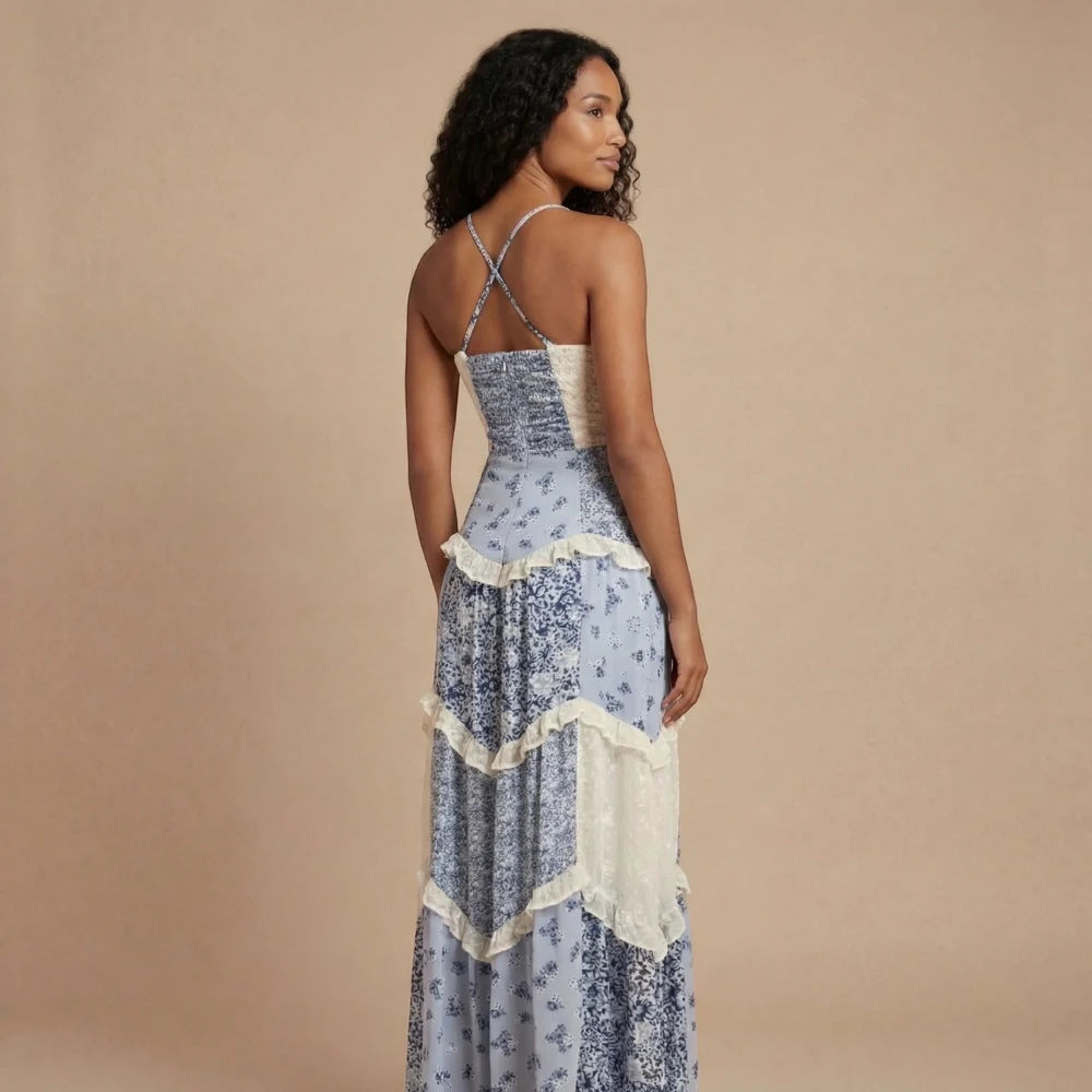 Women's Floral Casual Maxi Summer Dress with Ruffle and V-Neck