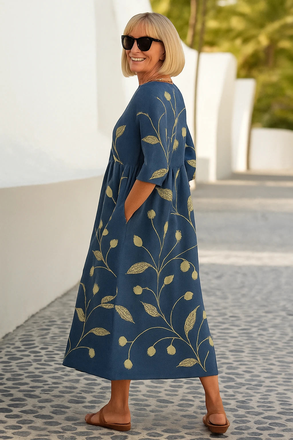 Women's Floral Casual Midi Summer Dress with 3/4 Sleeve