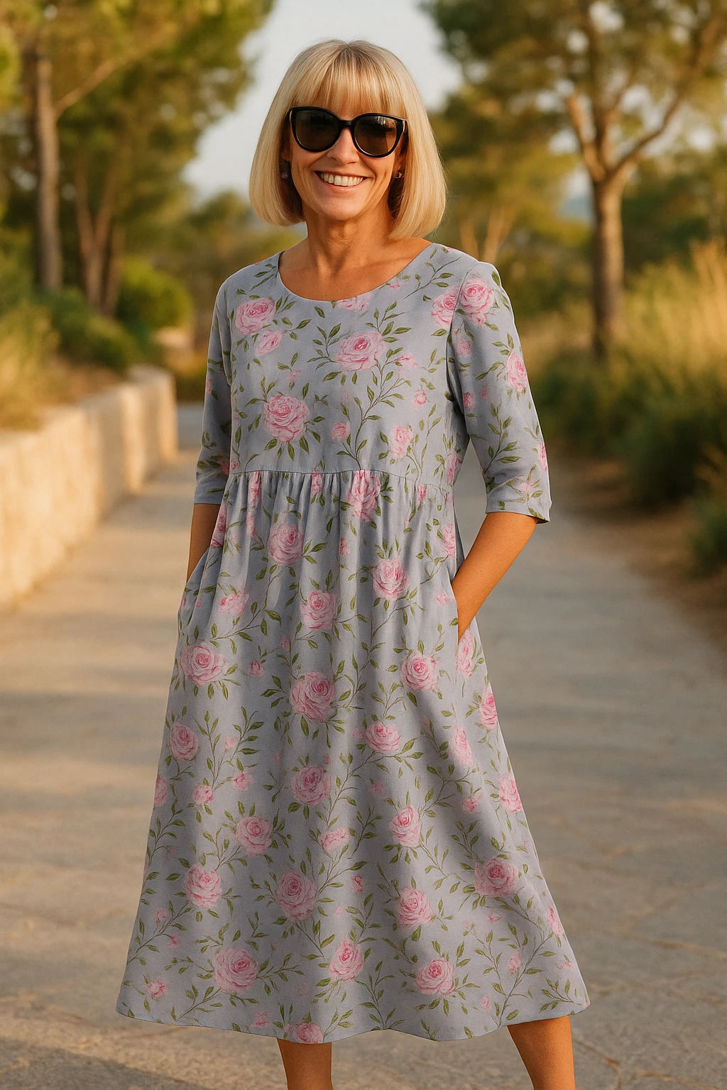 Women's Floral Casual Midi Summer Dress with 3/4 Sleeve
