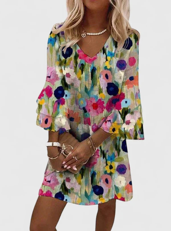 Women's Floral Casual Mini Summer Dress with Bell Sleeve