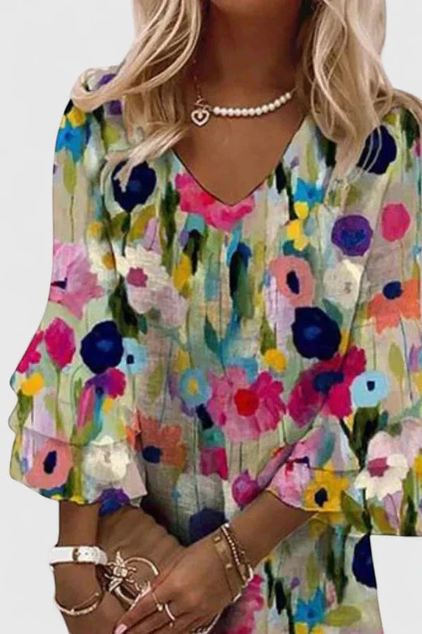 Women's Floral Casual Mini Summer Dress with Bell Sleeve