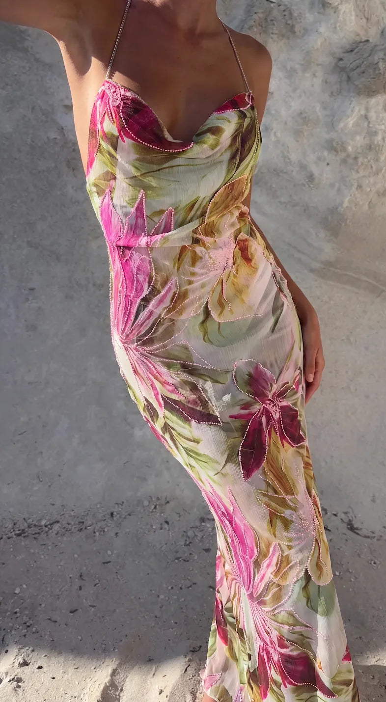 Women's Floral Elegant Maxi Summer Dress with Cowl Neck