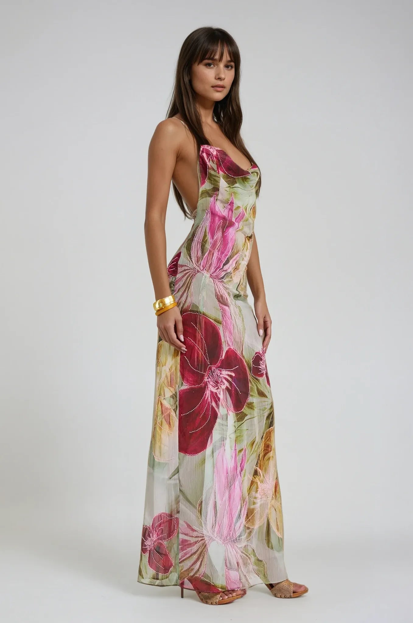 Women's Floral Elegant Maxi Summer Dress with Cowl Neck