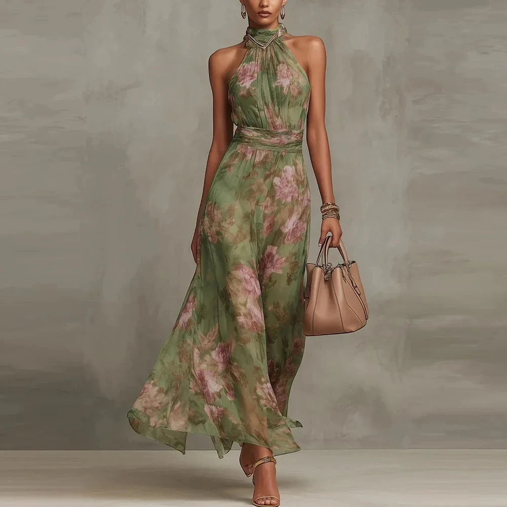 Women's Floral Elegant Maxi Summer Dress with Halter Neck