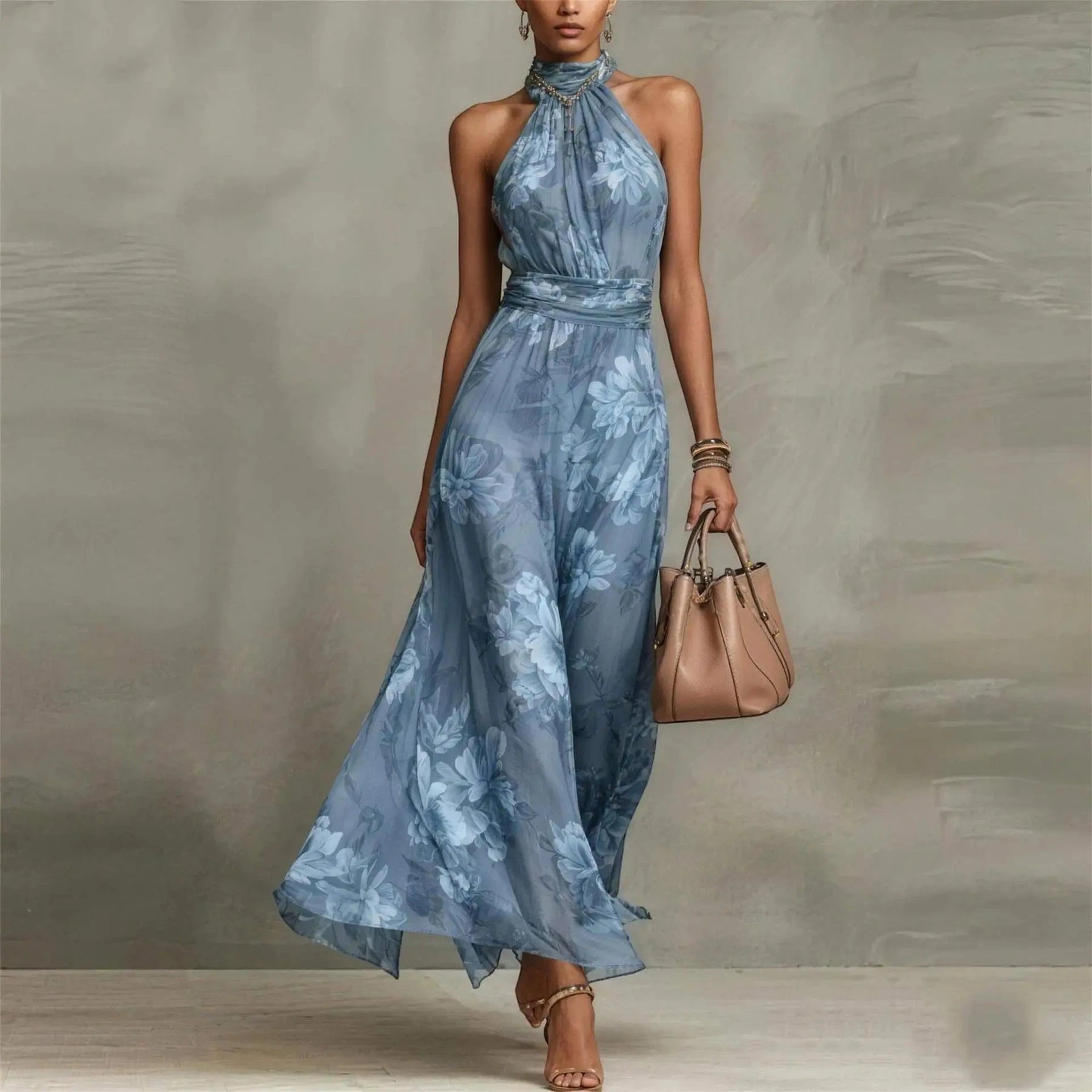 Women's Floral Elegant Maxi Summer Dress with Halter Neck