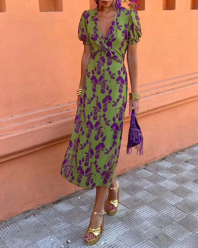 Women's Floral Elegant Midi Summer Dress with Puff Sleeve