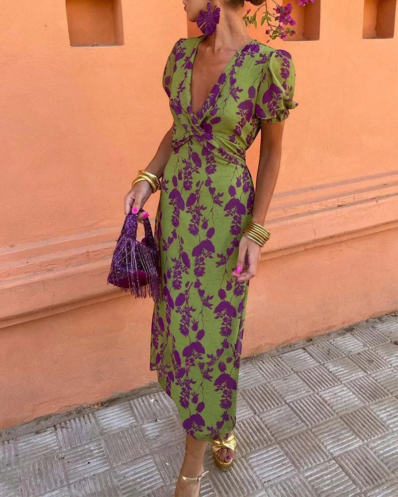 Women's Floral Elegant Midi Summer Dress with Puff Sleeve