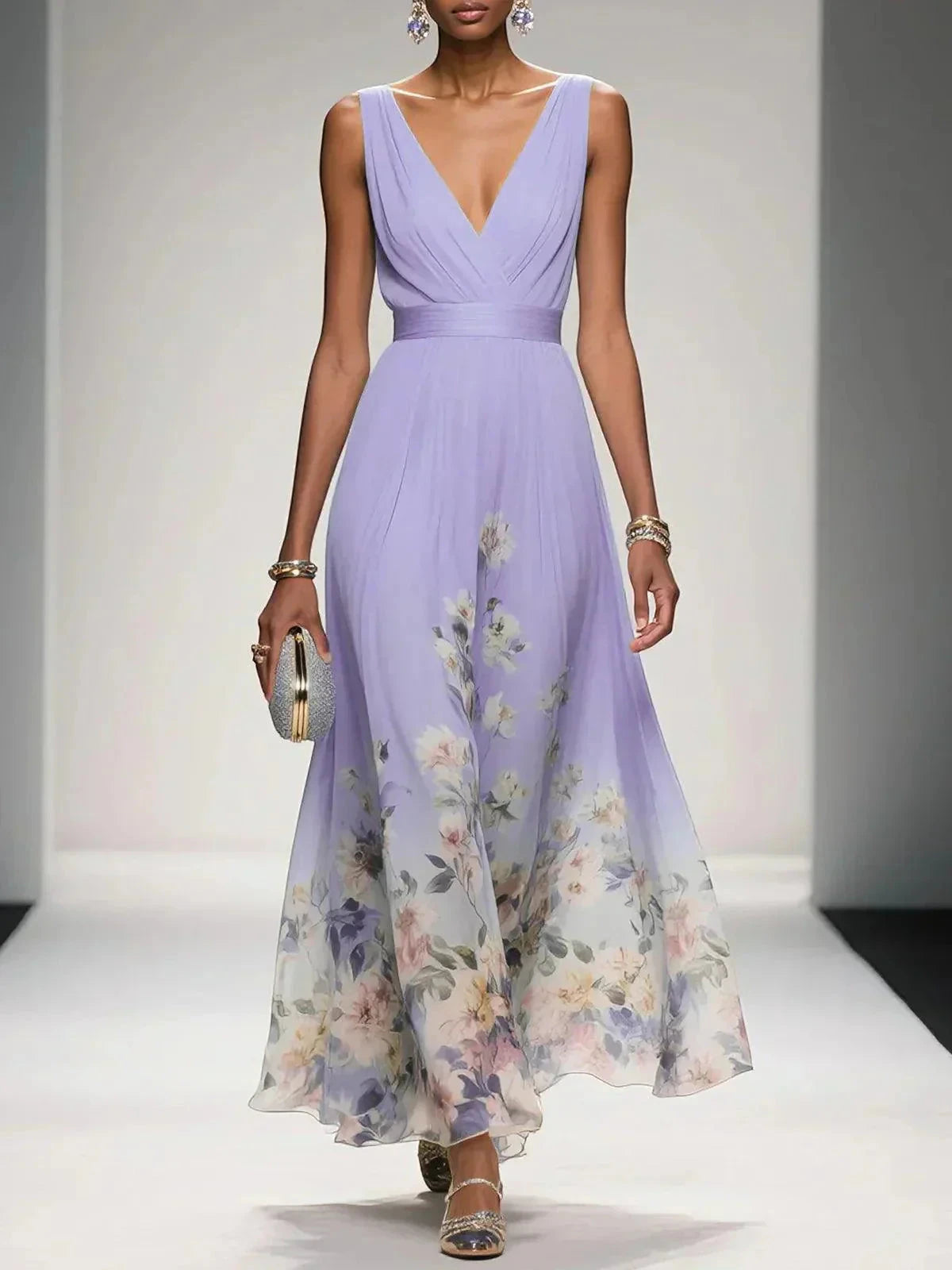 Women's Floral Elegant Maxi Wedding Guest Dress with V-Neck