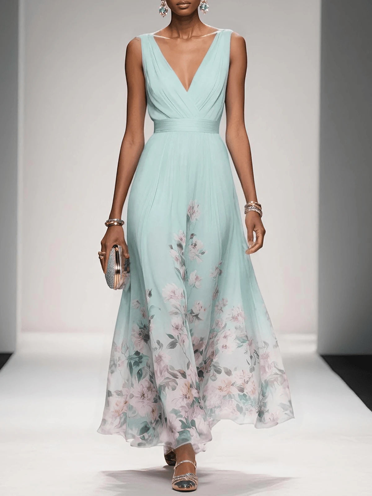 Women's Floral Elegant Maxi Wedding Guest Dress with V-Neck