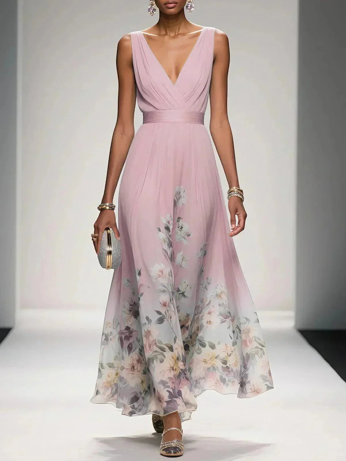 Women's Floral Elegant Maxi Wedding Guest Dress with V-Neck