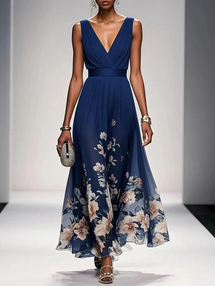 Women's Floral Elegant Maxi Wedding Guest Dress with V-Neck