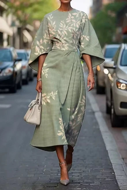Women's Floral Elegant Midi Summer Dress with High Neck