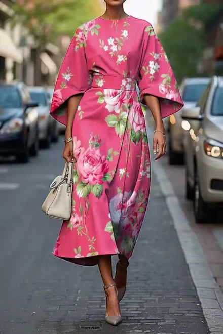 Women's Floral Elegant Midi Summer Dress with High Neck