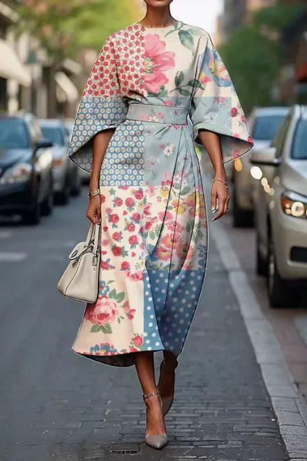 Women's Floral Elegant Midi Summer Dress with High Neck