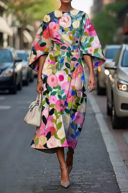 Women's Floral Elegant Midi Summer Dress with High Neck