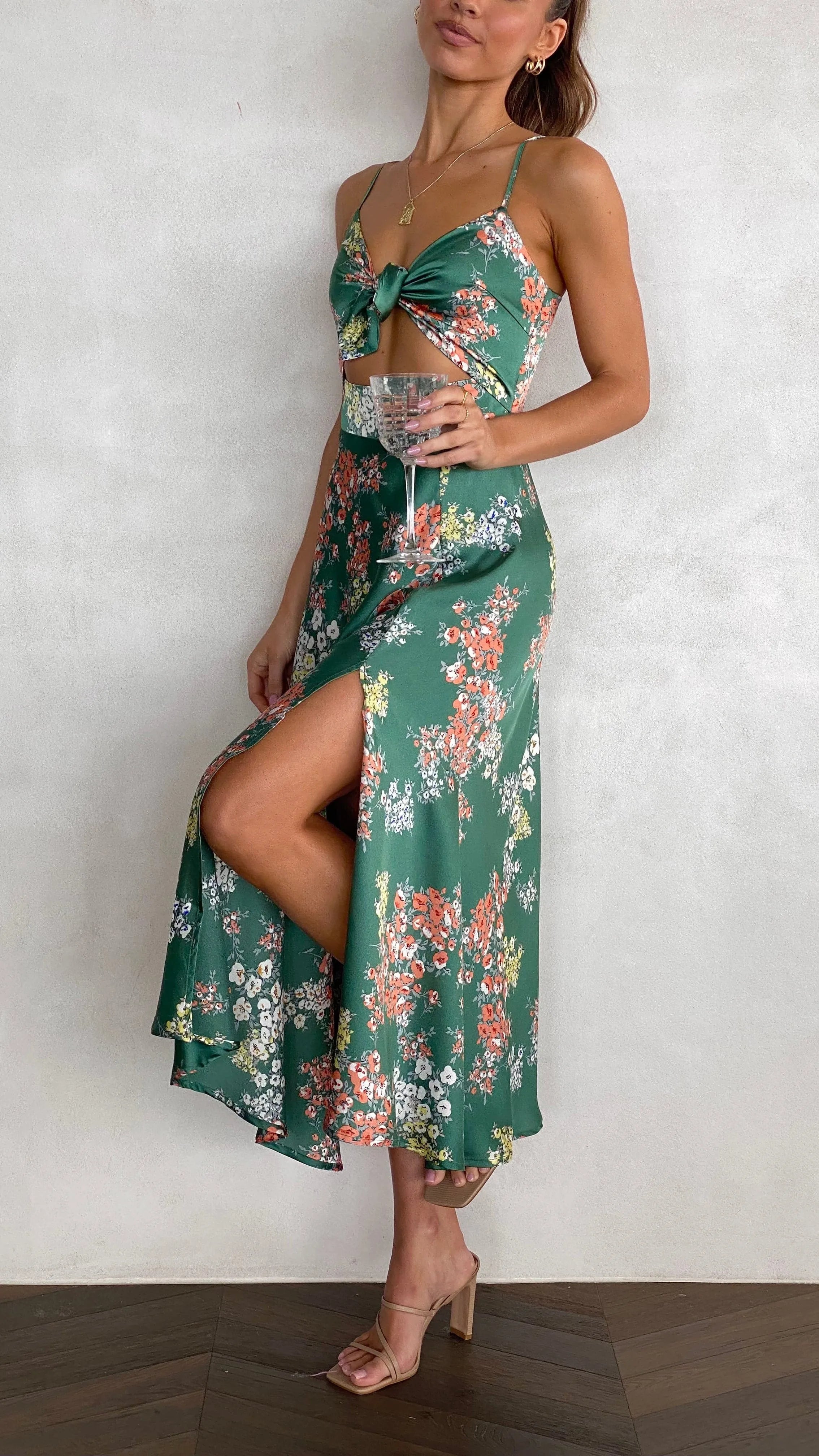 Women's Floral Elegant Midi Summer Dress with Slit