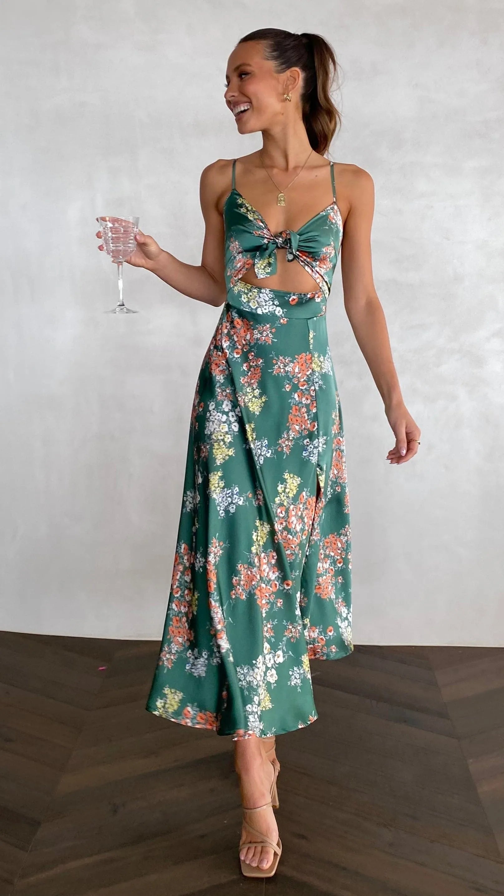 Women's Floral Elegant Midi Summer Dress with Slit