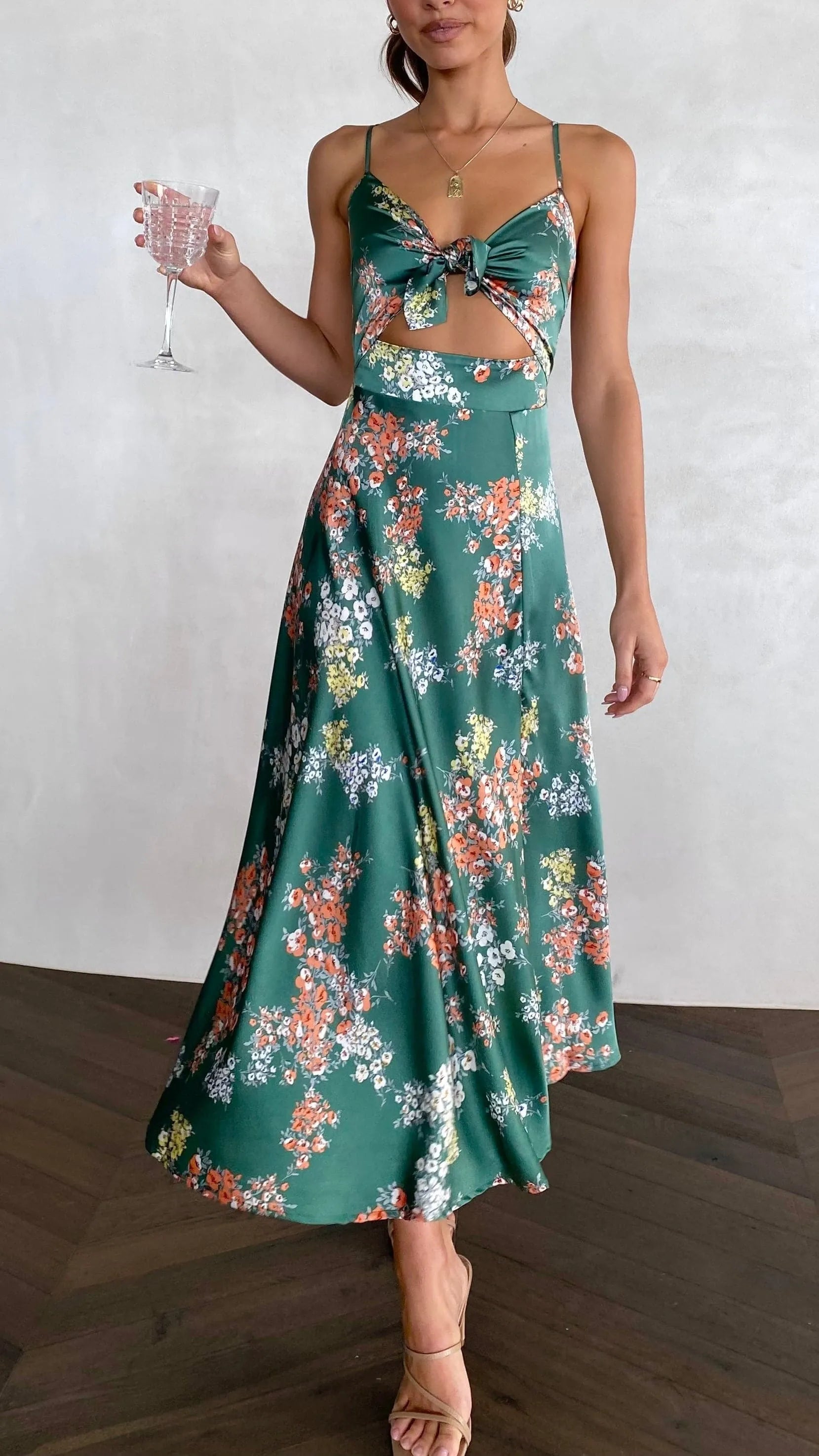 Women's Floral Elegant Midi Summer Dress with Slit