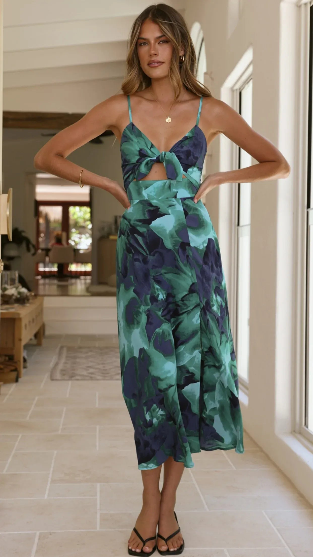 Women's Floral Elegant Midi Summer Dress with Slit