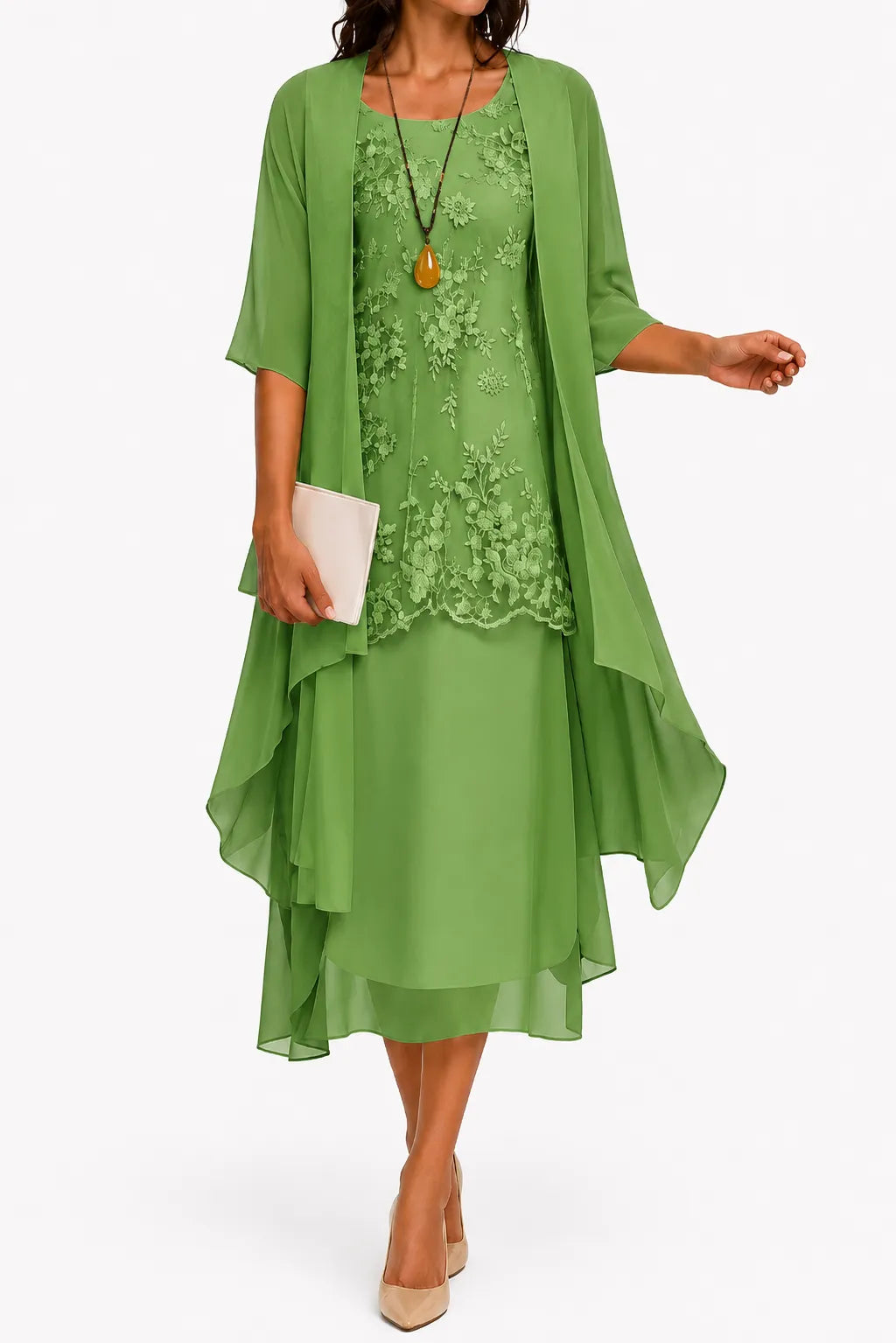 Women's Floral Lace Midi Summer Dress with 3/4 Sleeve