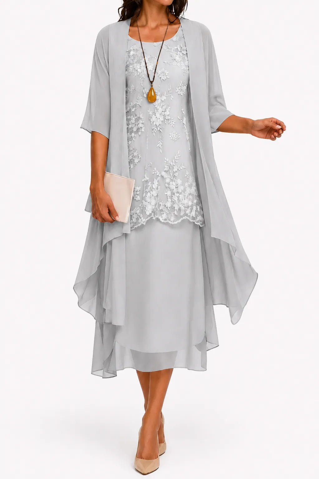 Women's Floral Lace Midi Summer Dress with 3/4 Sleeve