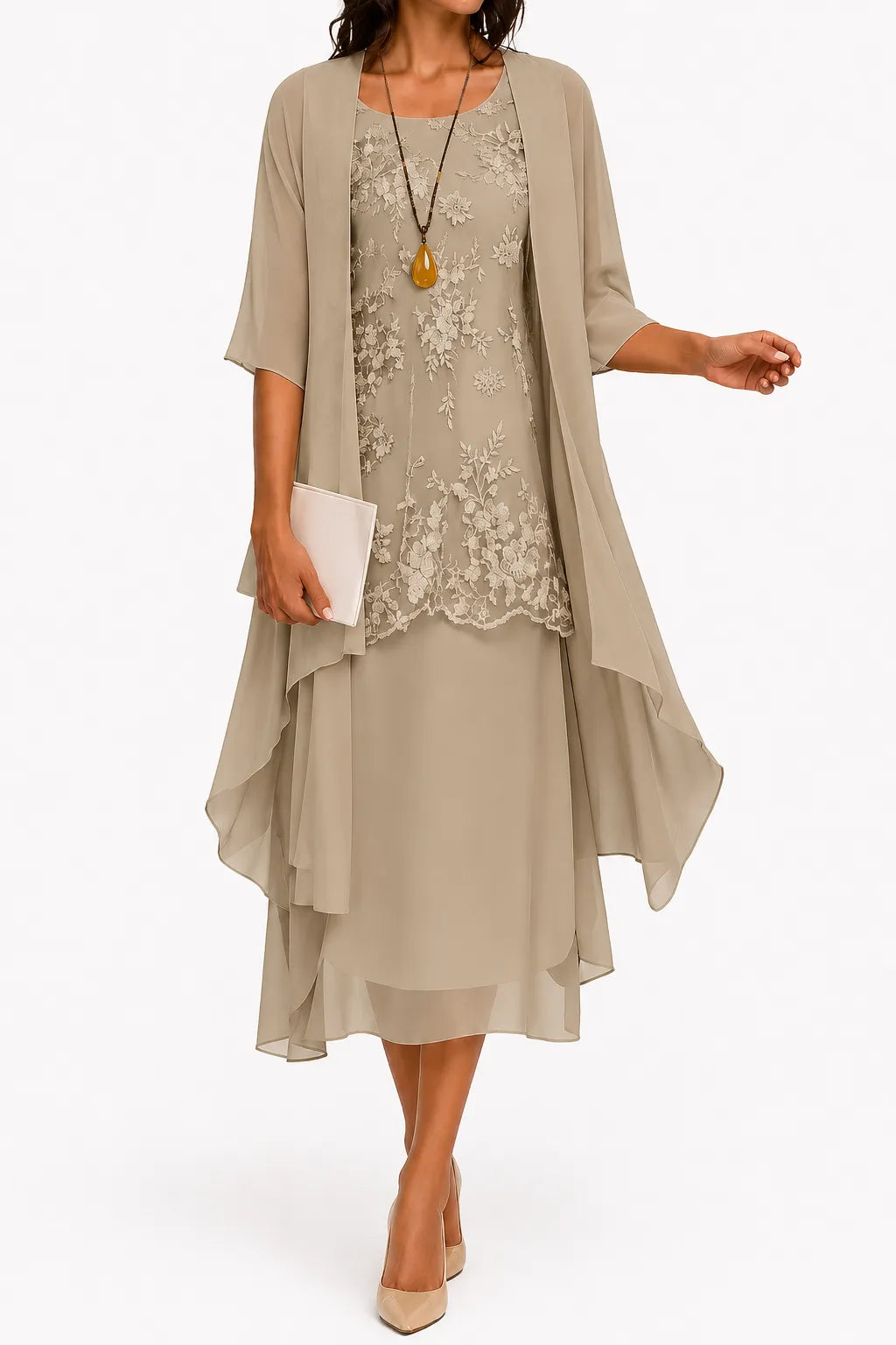 Women's Floral Lace Midi Summer Dress with 3/4 Sleeve