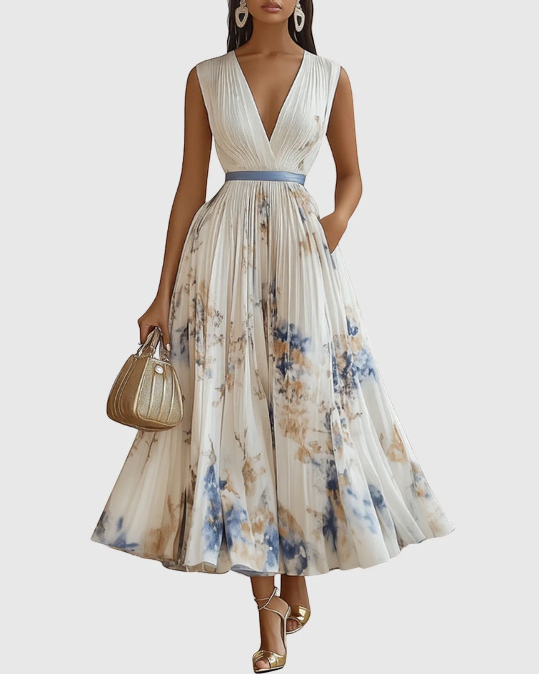 Women's Floral Maxi Wedding Guest Dress with Pleated Skirt