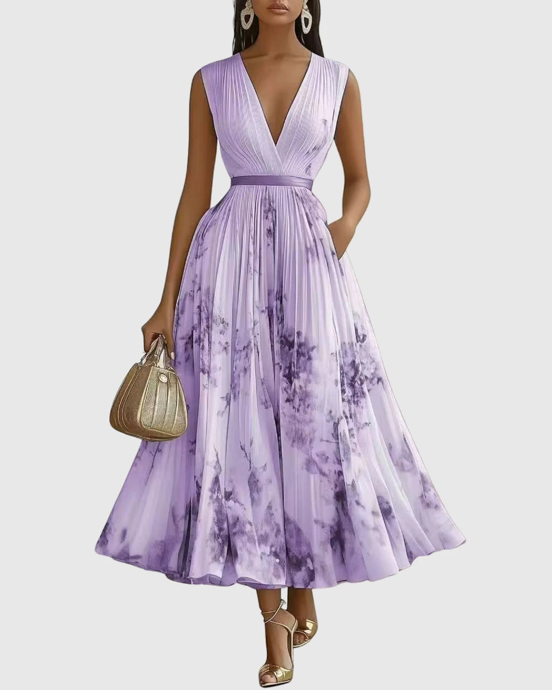 Women's Floral Maxi Wedding Guest Dress with Pleated Skirt