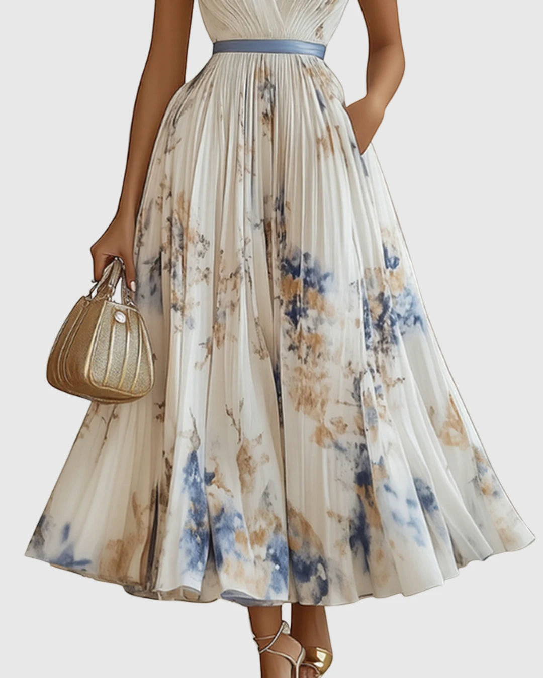 Women's Floral Maxi Wedding Guest Dress with Pleated Skirt