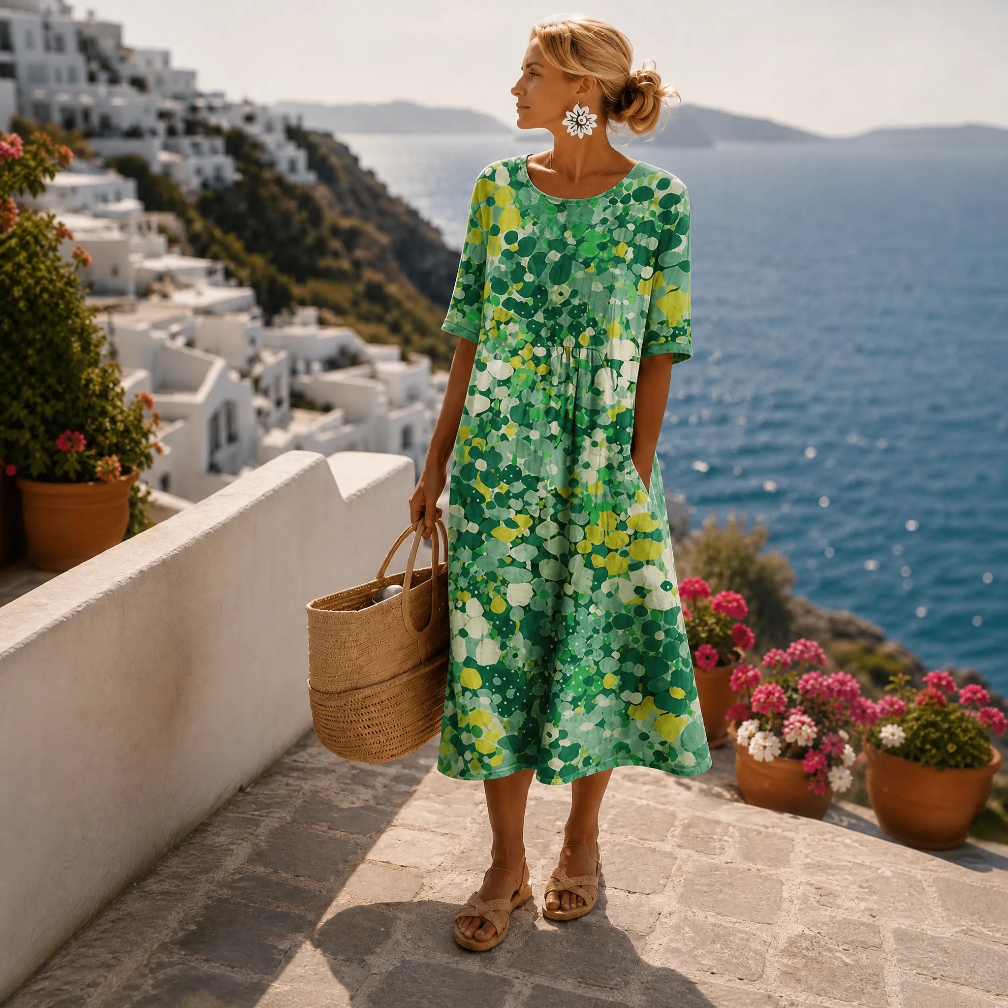 Women's Floral Midi Summer Dress with 3/4 Sleeve