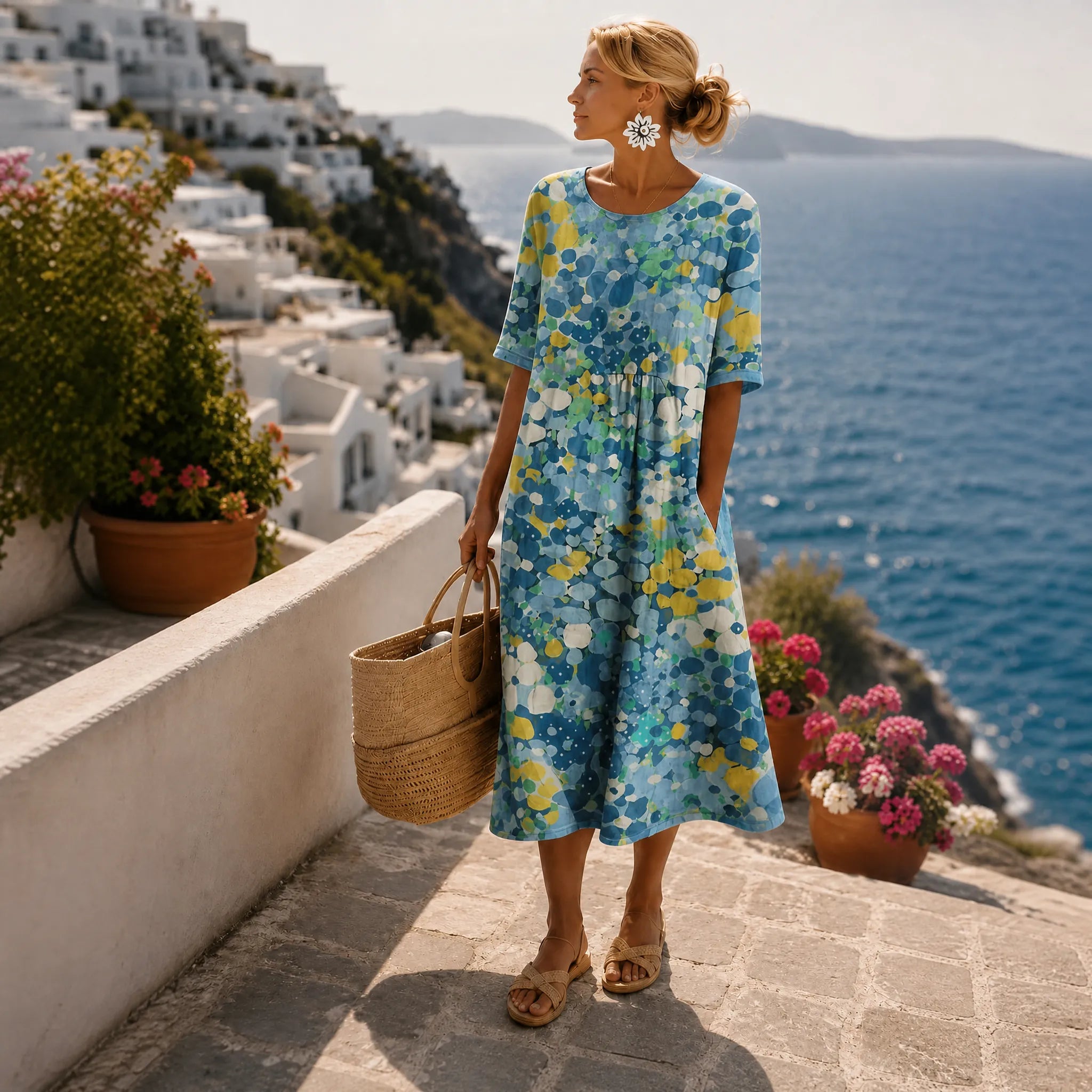 Women's Floral Midi Summer Dress with 3/4 Sleeve