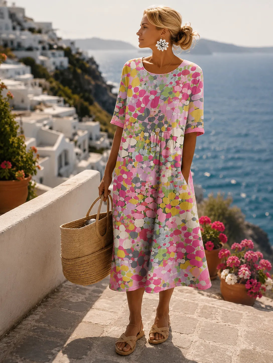 Women's Floral Midi Summer Dress with 3/4 Sleeve