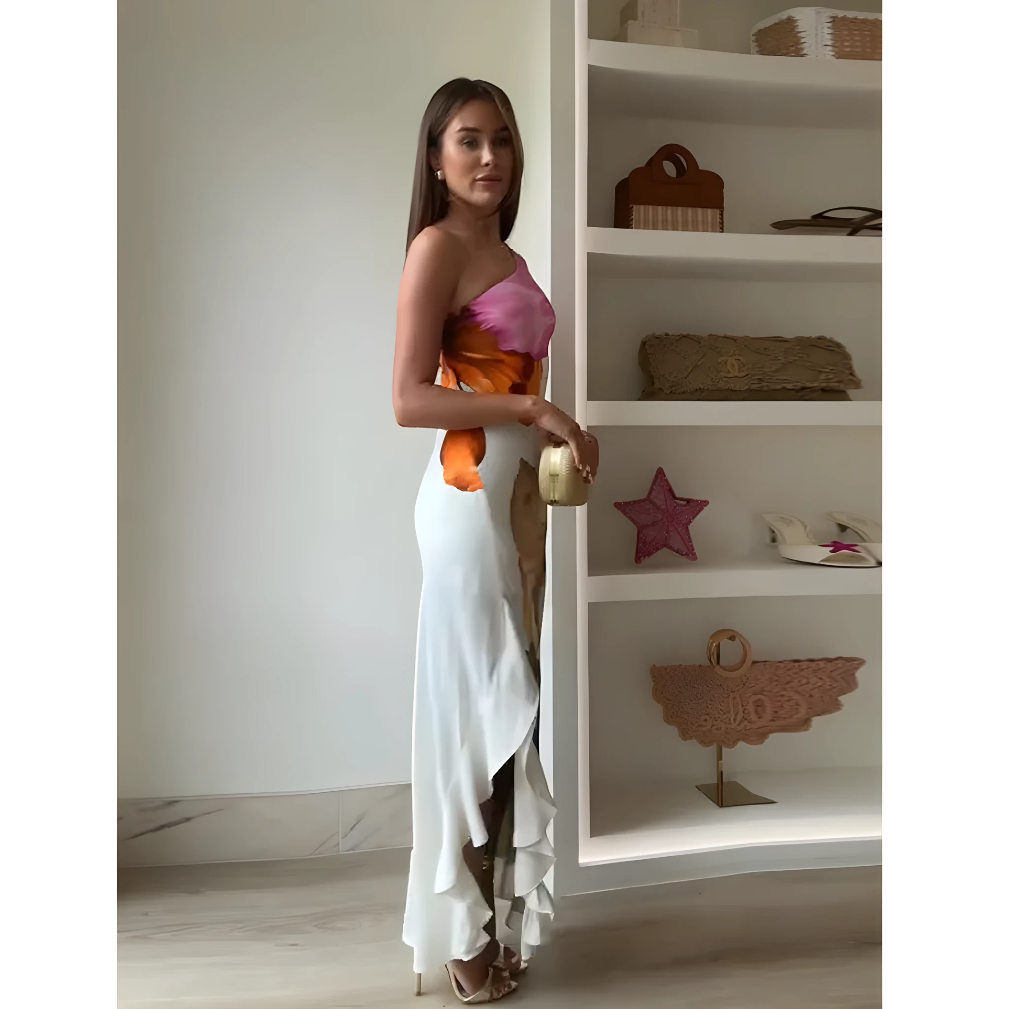 Women's Floral One Shoulder Maxi Summer Dress with Ruffle Detail