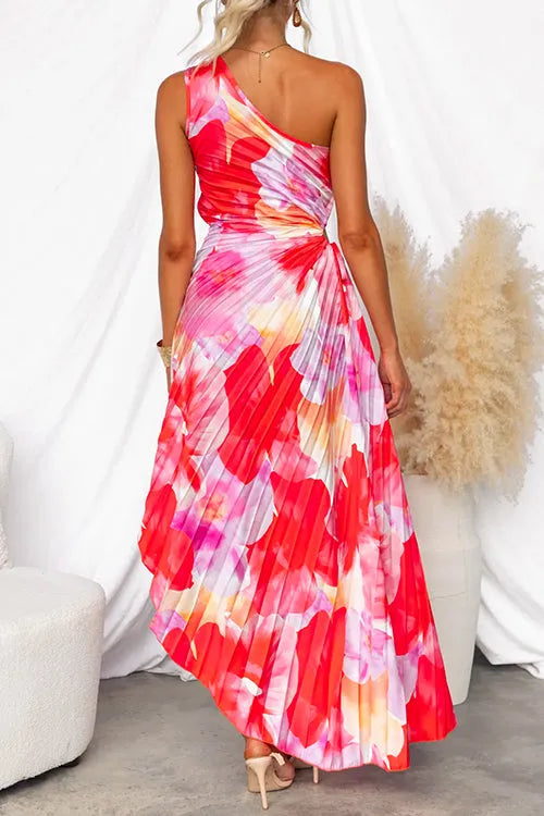 Women's Floral Pleated Maxi Summer Dress with One Shoulder