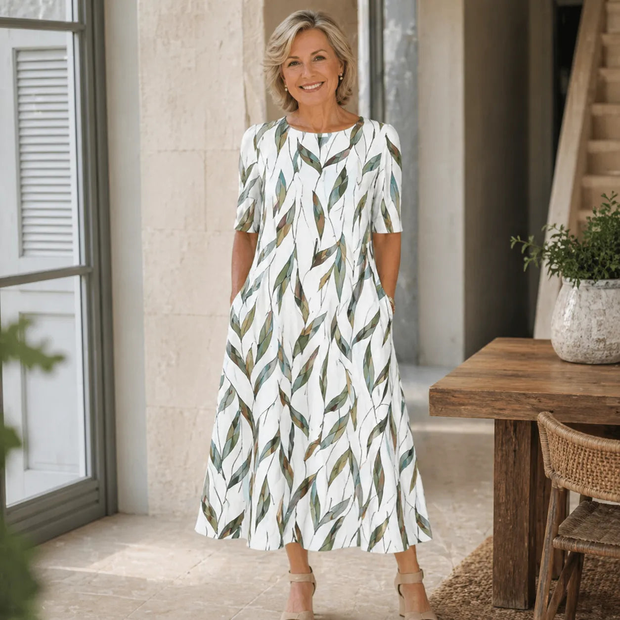 Women's Floral Printed Midi Summer Dress with 3/4 Sleeve