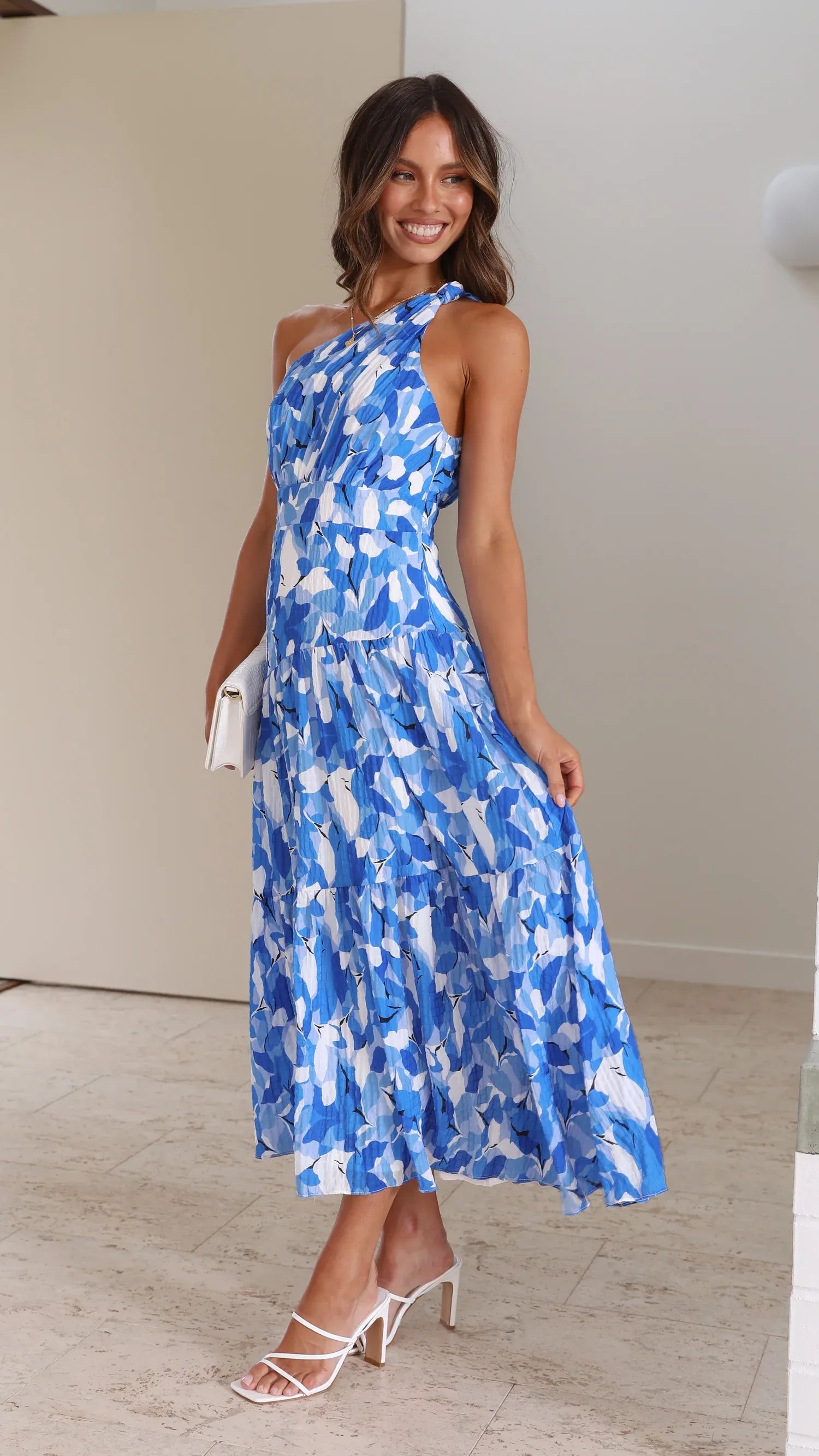 Women's Floral Printed Midi Summer Dress with One Shoulder