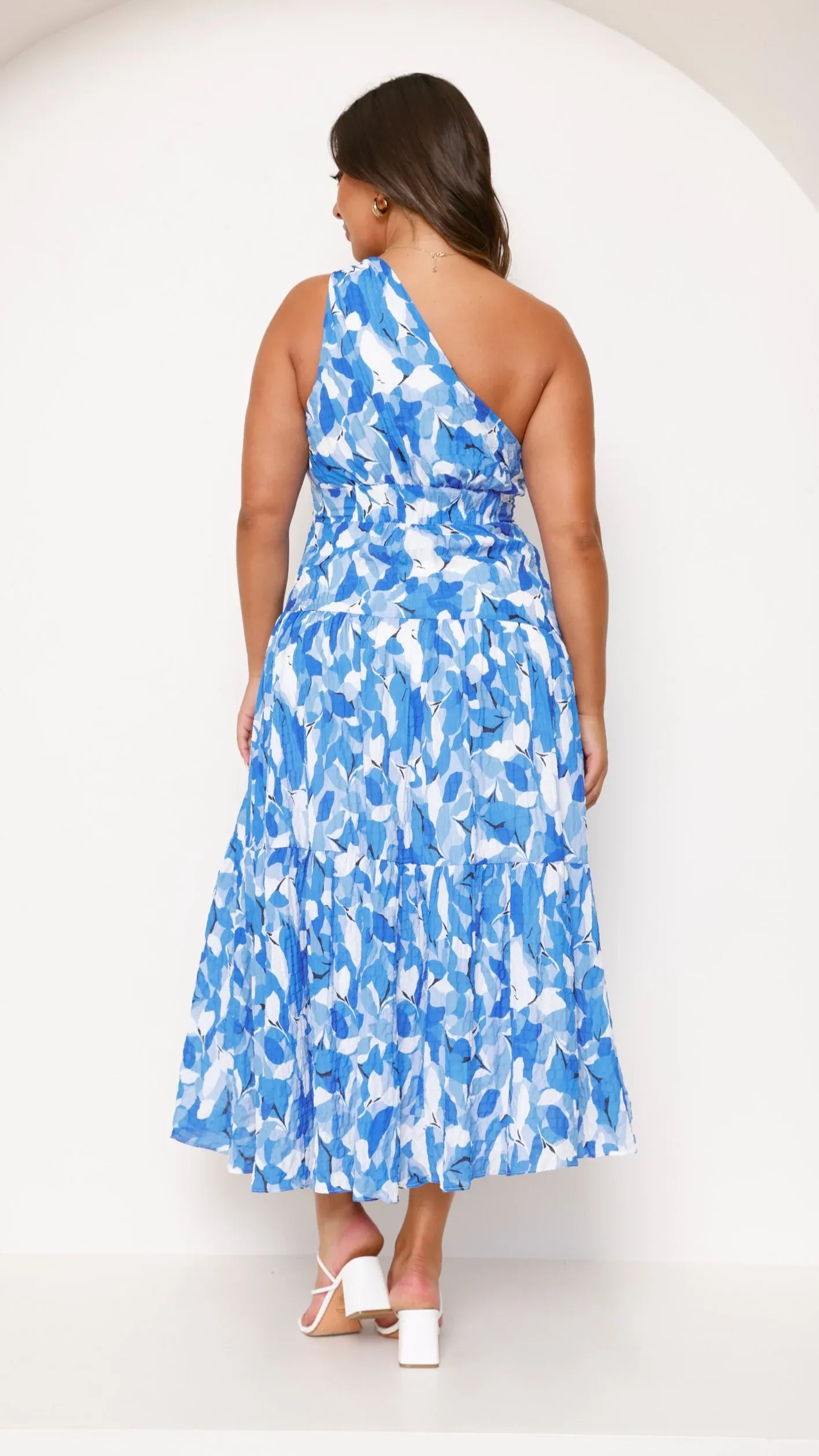 Women's Floral Printed Midi Summer Dress with One Shoulder