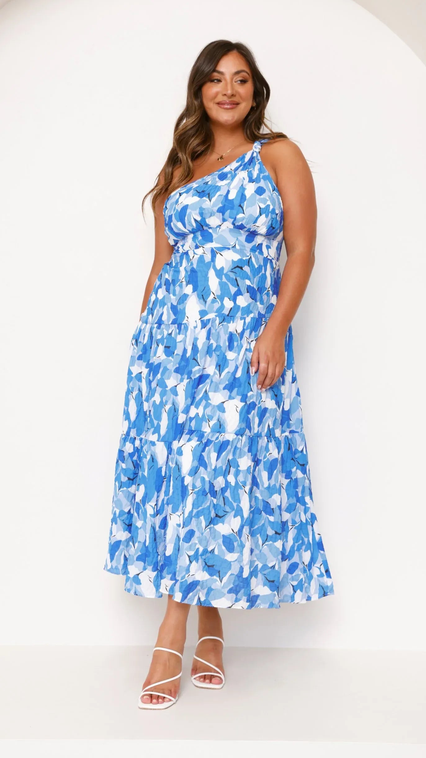 Women's Floral Printed Midi Summer Dress with One Shoulder