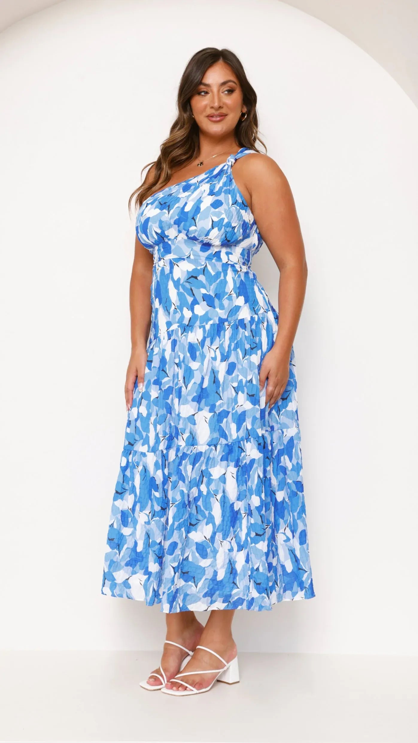 Women's Floral Printed Midi Summer Dress with One Shoulder