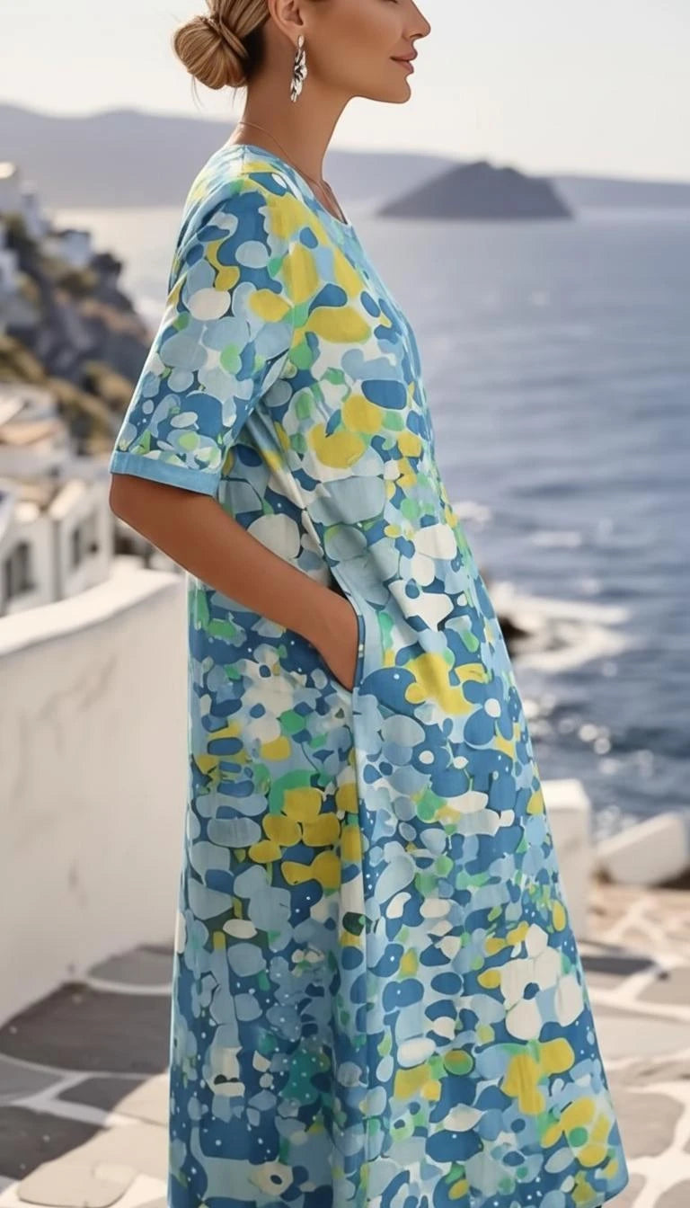 Women's Floral Printed Midi Summer Dress with Short Sleeve