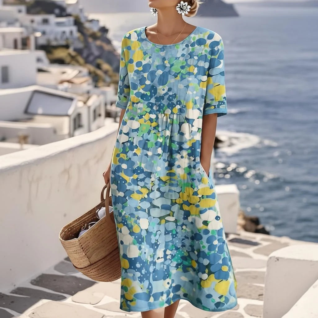 Women's Floral Printed Midi Summer Dress with Short Sleeve