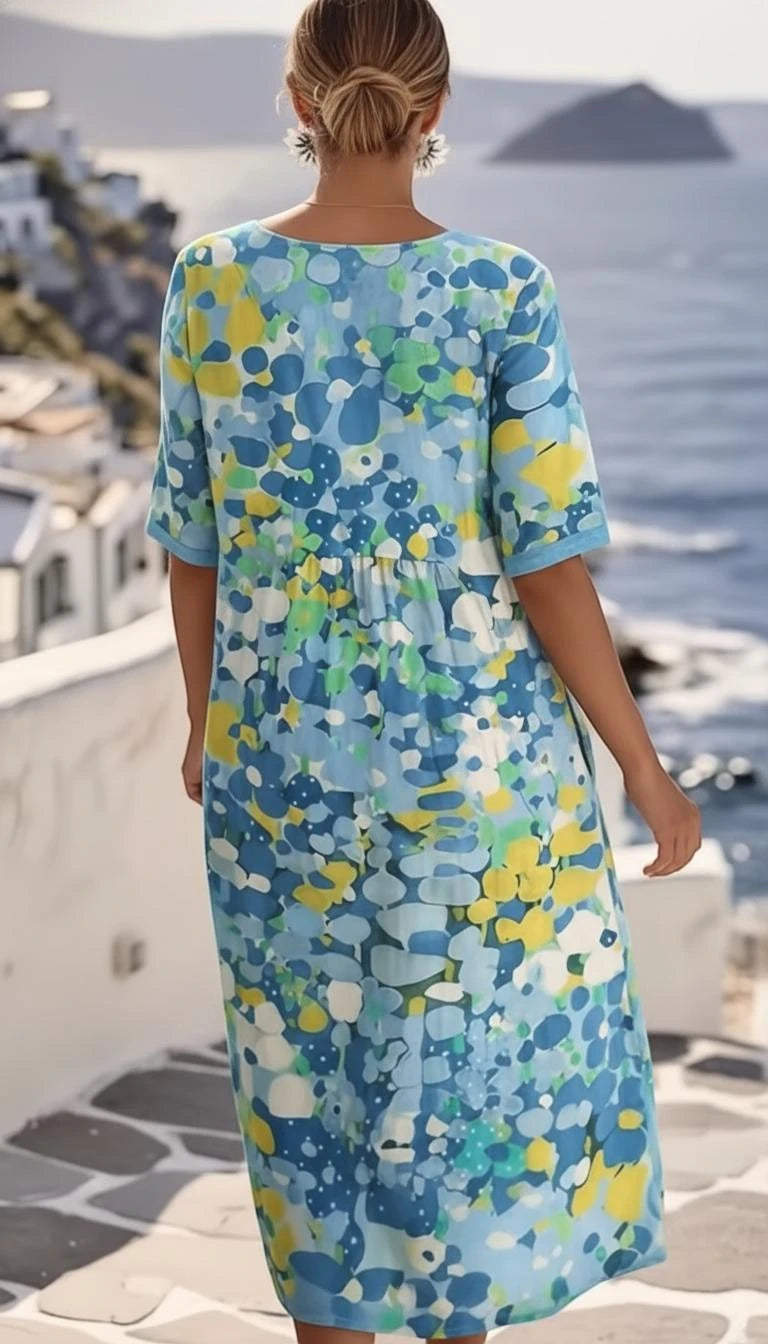 Women's Floral Printed Midi Summer Dress with Short Sleeve