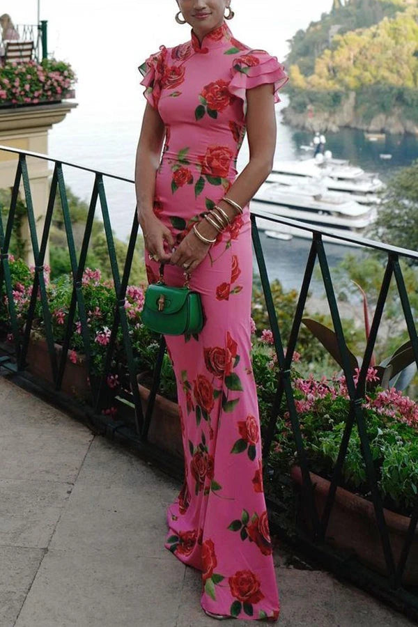 Women's Floral Ruffle Maxi Summer Dress with High Neck