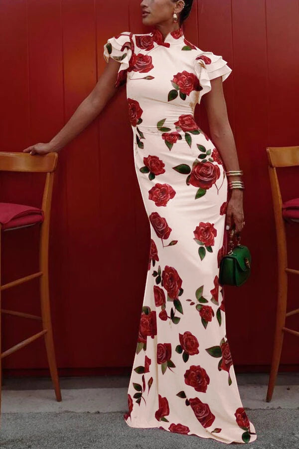 Women's Floral Ruffle Maxi Summer Dress with High Neck
