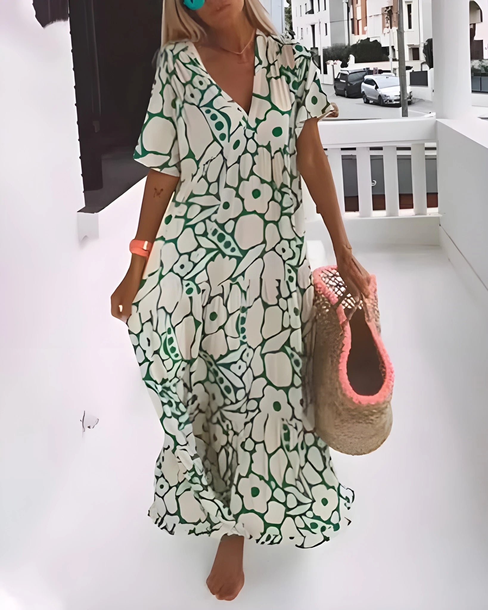 Women's Floral Tiered Maxi Summer Dress with V-Neck