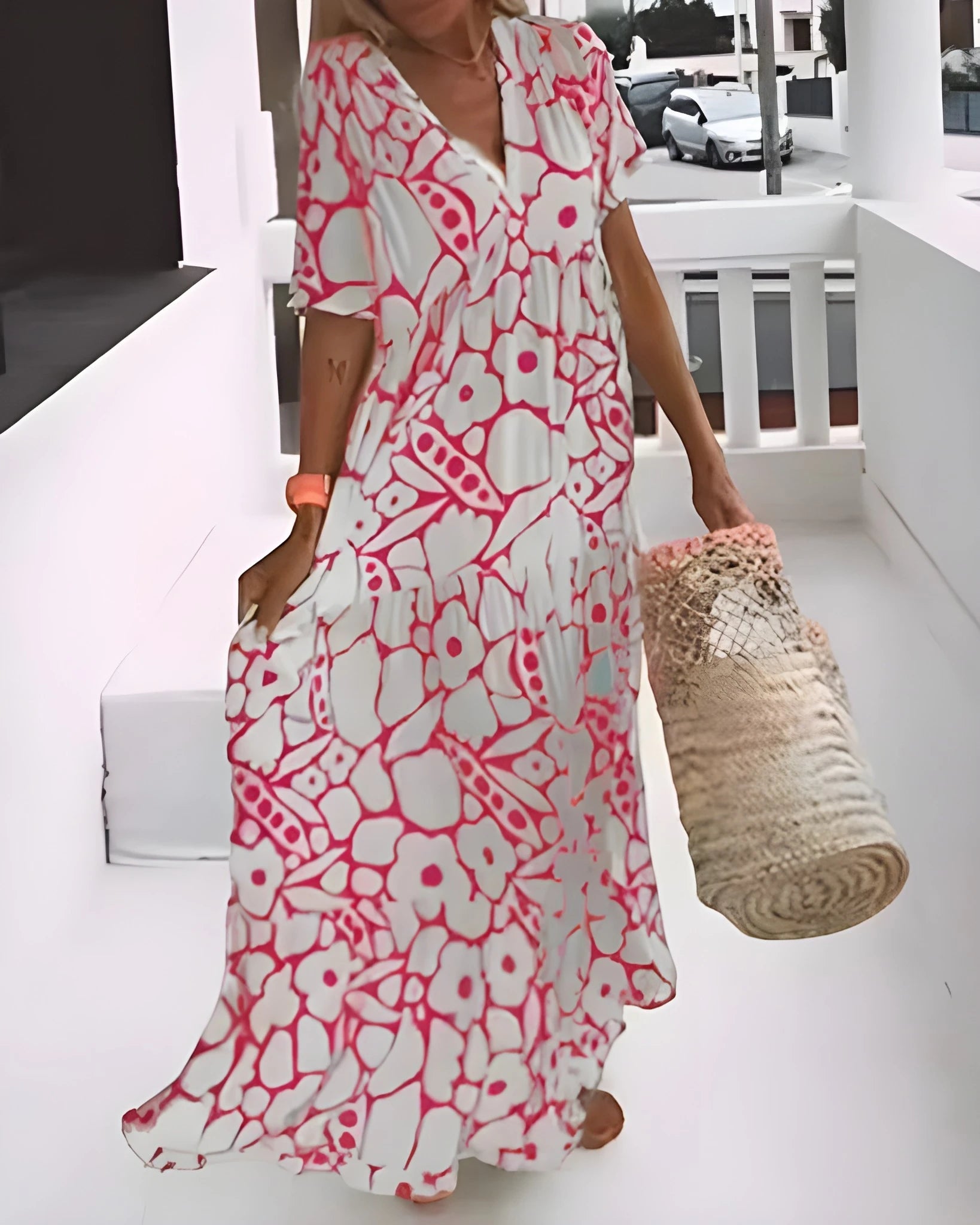 Women's Floral Tiered Maxi Summer Dress with V-Neck