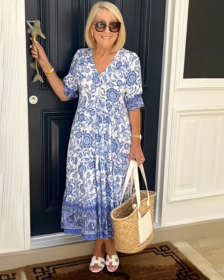 Women's Floral V-Neck Summer Midi Dress with Tiered Skirt