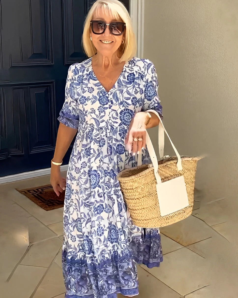 Women's Floral V-Neck Summer Midi Dress with Tiered Skirt